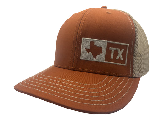 TEXAS TRUCKER HAT, BURNT ORANGE/TAN